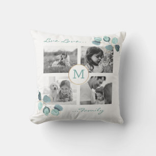 Family Photo Collage Eucalyptus Monogrammed Throw  Pillow