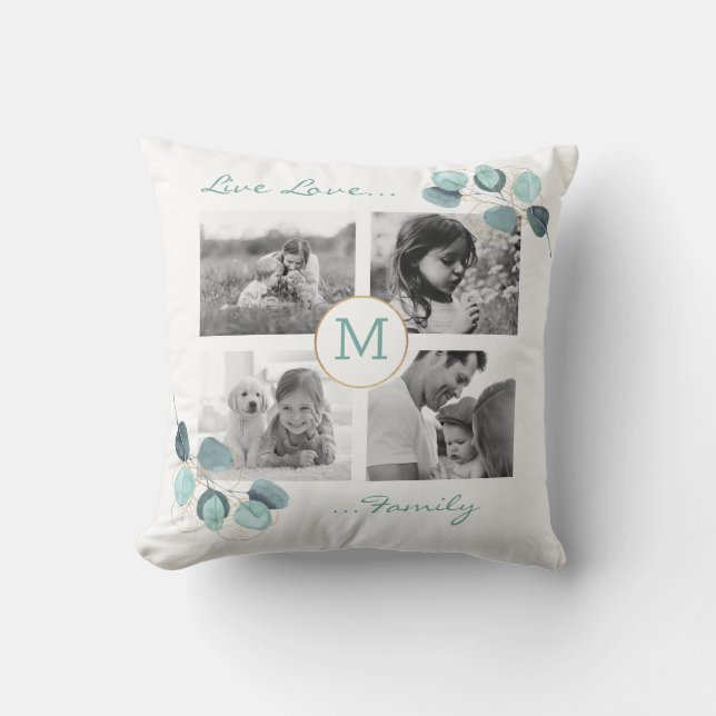 Family Photo Collage Eucalyptus Monogrammed Throw  Throw Pillow (Front)