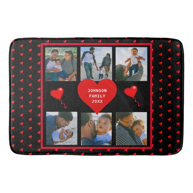 Family Photo Collage Family Heart Black Background Bath Mat (Front)