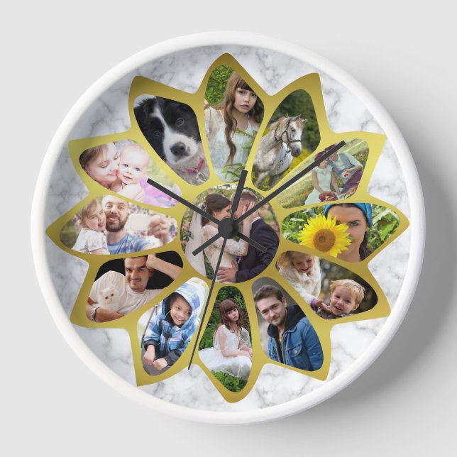 Family Photo Collage Flower Marble and Gold Easy Clock (Front)