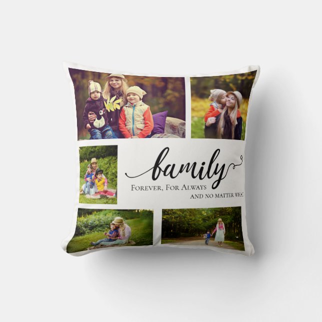 Family Photo Collage Forever & Always Calligraphy Throw Pillow (Front)