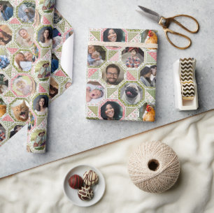 Family Photo Collage Green Pink Quilt 28 Picture Wrapping Paper