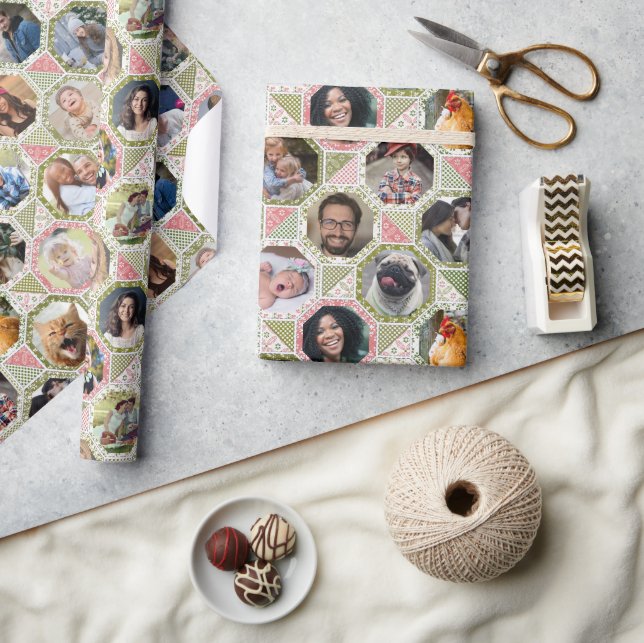 Family Photo Collage Green Pink Quilt 28 Picture Wrapping Paper (Crafts)