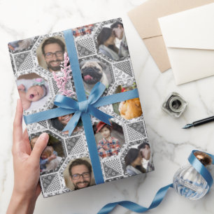 Family Photo Collage Grey Quilt Look 28 Custom Pic Wrapping Paper