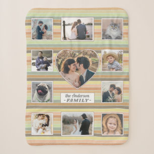 Family Photo Collage Heart 11 Custom Retro Stripe Sherpa Blanket