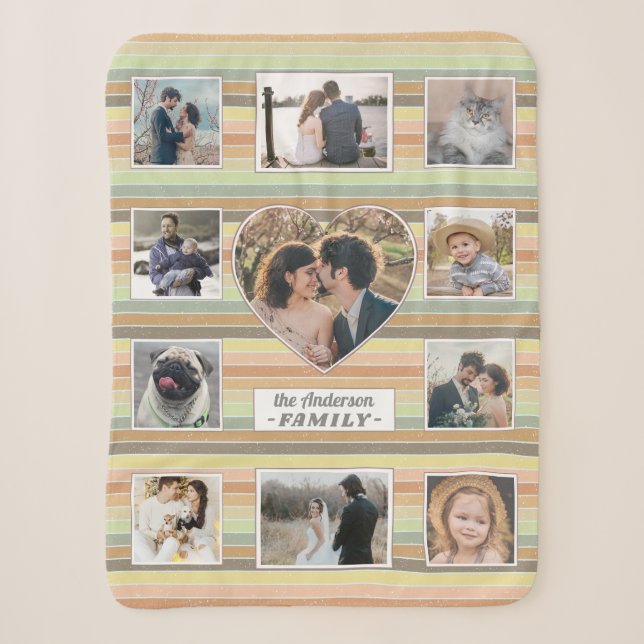 Family Photo Collage Heart 11 Custom Retro Stripe Sherpa Blanket (Front)