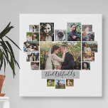 Family Photo Collage Heart 17 Pictures Name White Faux Canvas Print<br><div class="desc">This beautiful, personalized "family tree" canvas print includes original tree artwork plus 8 of your family photos in the shape of apples. The hand-drawn artwork shows a tree plus its roots on a background of light, warm beige. The tree has colourful leaves and little blue birds sitting on its limbs....</div>