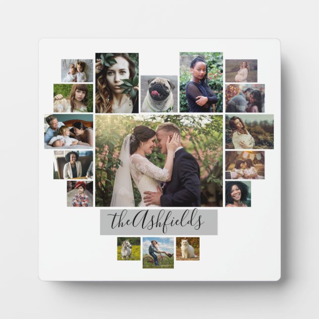 Family Photo Collage Heart 17 Pictures Name White Plaque (Front)