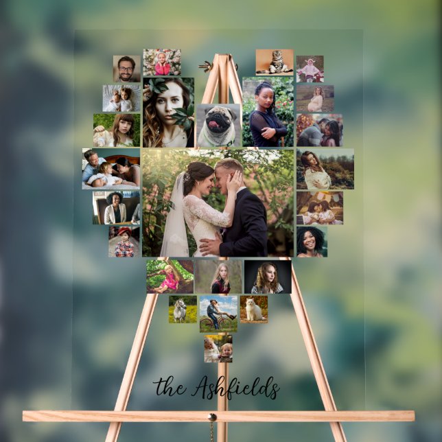 Family Photo Collage Heart 25 Pictures Custom Name Acrylic Sign (Neutral)