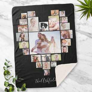 Family Photo Collage Heart 25 Pictures Name Black Sherpa Blanket