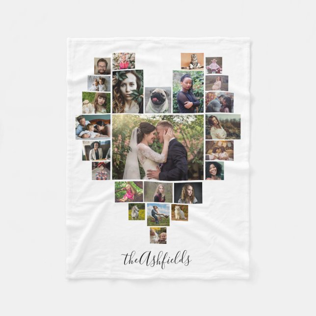 Family Photo Collage Heart 25 Pictures Name White Fleece Blanket (Front)