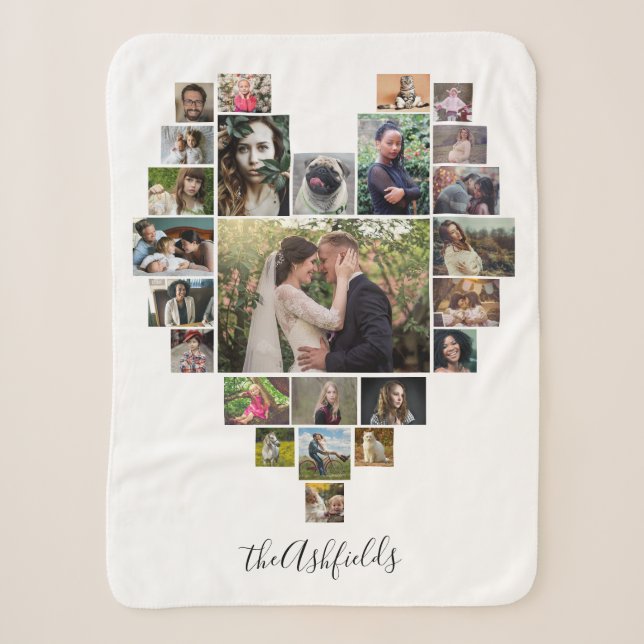 Family Photo Collage Heart 25 Pictures Name White Sherpa Blanket (Front)