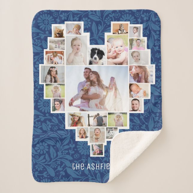 Family Photo Collage Heart Floral Blue 25 Pic Name Sherpa Blanket (Front)
