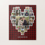 Family Photo Collage Heart Red Plaid 25 Pic Name Jigsaw Puzzle<br><div class="desc">This beautiful photo collage jigsaw puzzle includes 25 of your custom photographs in the shape of a heart on a red plaid background. The cute design has room for: 14 horizontal pictures, 2 vertical, and 9 Instagram-style square. Use the easy template and your photos will auto-reshape to form the heart....</div>