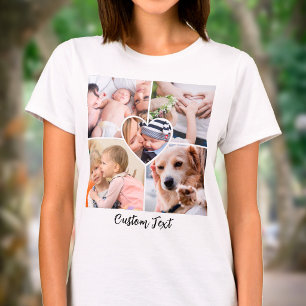 Family Photo Collage Heart w/ Script Custom Text  T-Shirt
