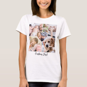 Family Photo Collage Heart w/ Script Custom Text  T-Shirt