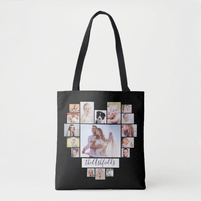 Family Photo Collage Hearts 34 Pictures Name Black Tote Bag (Front)