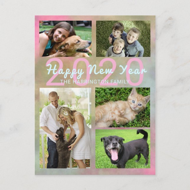Family Photo Collage Holiday Postcard with Year (Front)