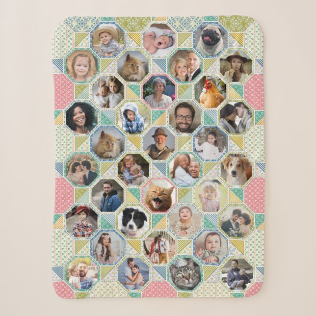 Family Photo Collage Light Quilt Look 35 Pic Lg Sm Sherpa Blanket (Front)