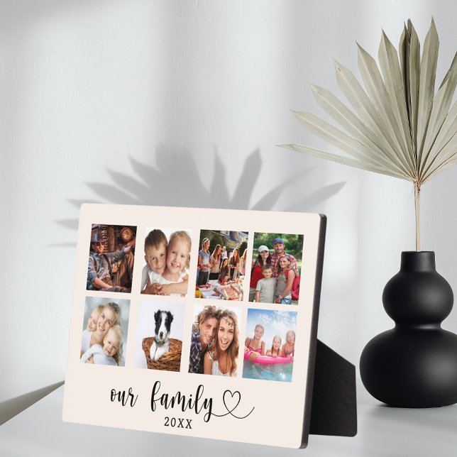 Family photo collage love heart script beige cream plaque (Creator Uploaded)