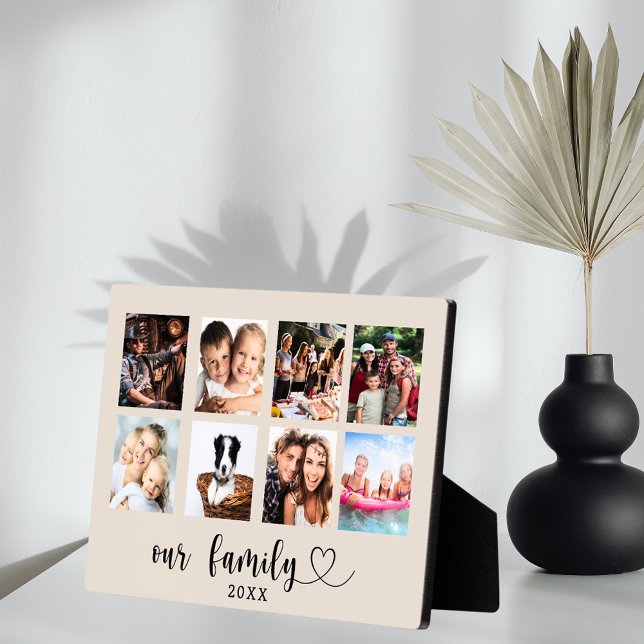 Family photo collage love heart script taupe plaque (Creator Uploaded)