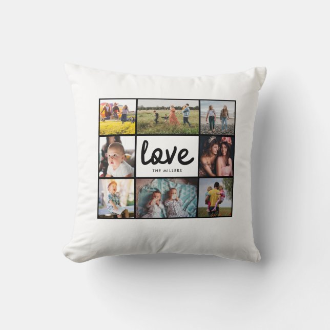 Family Photo Collage Love Name Throw Pillow (Front)