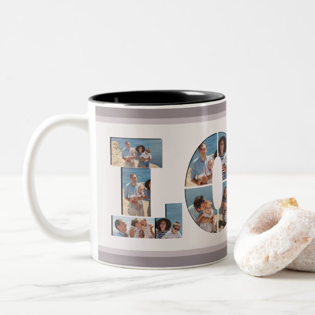 FAMILY Photo Collage Love Script Modern Keepsake Two-Tone Coffee Mug (With Donut)