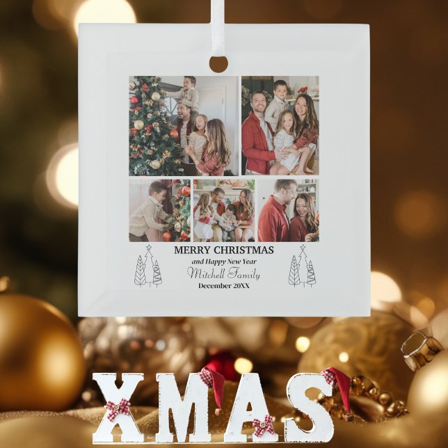Family Photo Collage, Modern, Minimalist Christmas Glass Ornament (Creator Uploaded)