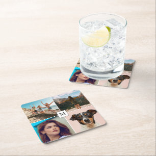 Family Photo Collage Monogram Square Paper Coaster
