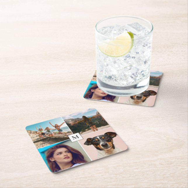 Family Photo Collage Monogram Square Paper Coaster (Insitu)