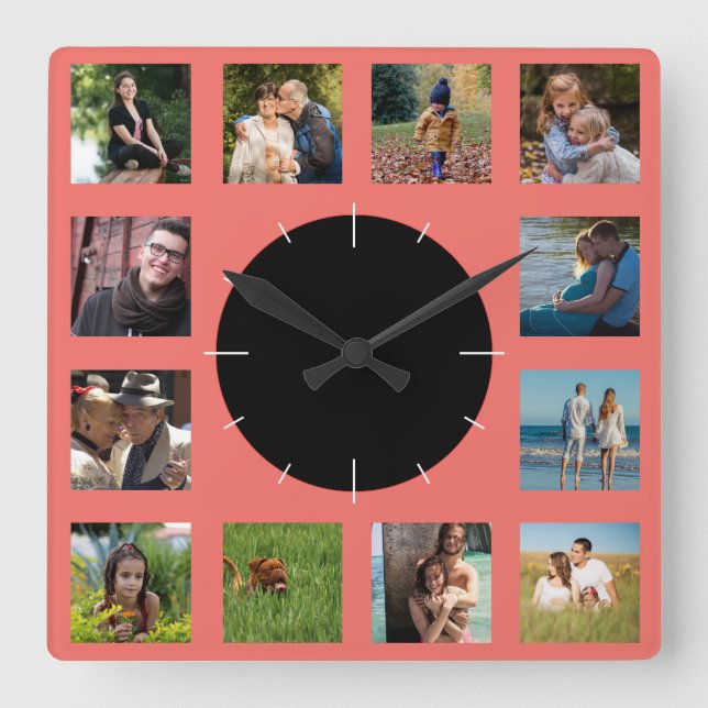 Family Photo Collage Monogram Square Wall Clock (Front)