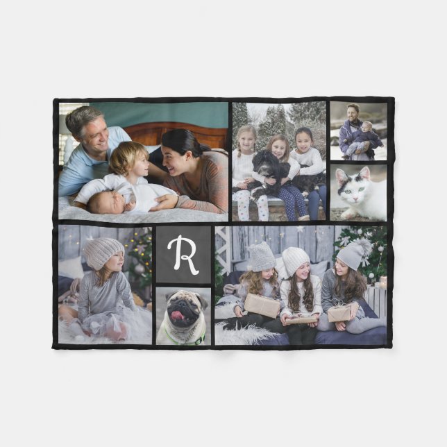 Family Photo Collage Monogrammed 7 Pictures Black Fleece Blanket (Front (Horizontal))