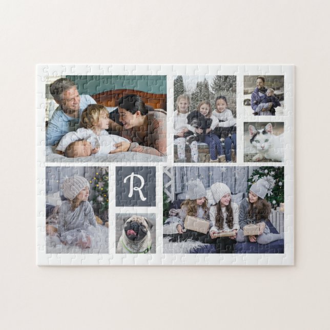Family Photo Collage Monogrammed 7 Pictures White Jigsaw Puzzle (Horizontal)