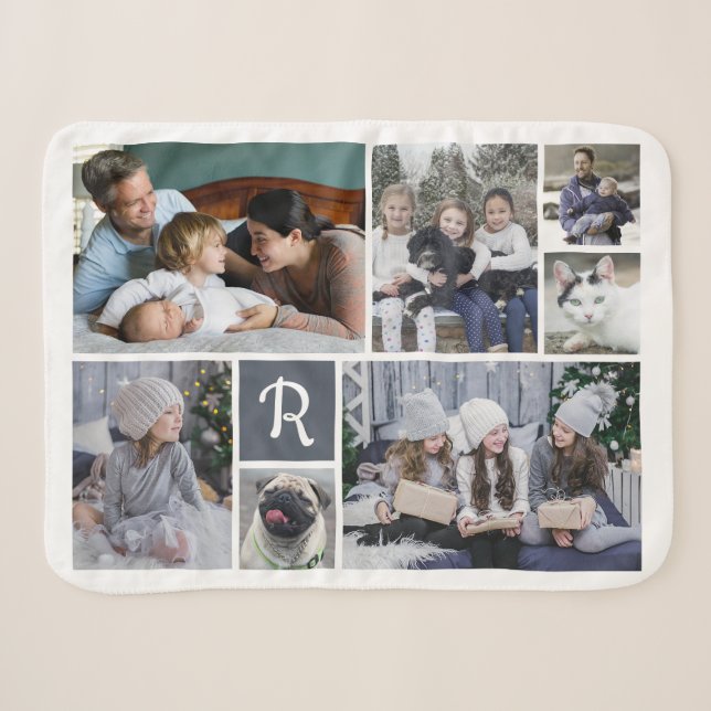 Family Photo Collage Monogrammed 7 Pictures White Sherpa Blanket (Front (Horizontal))