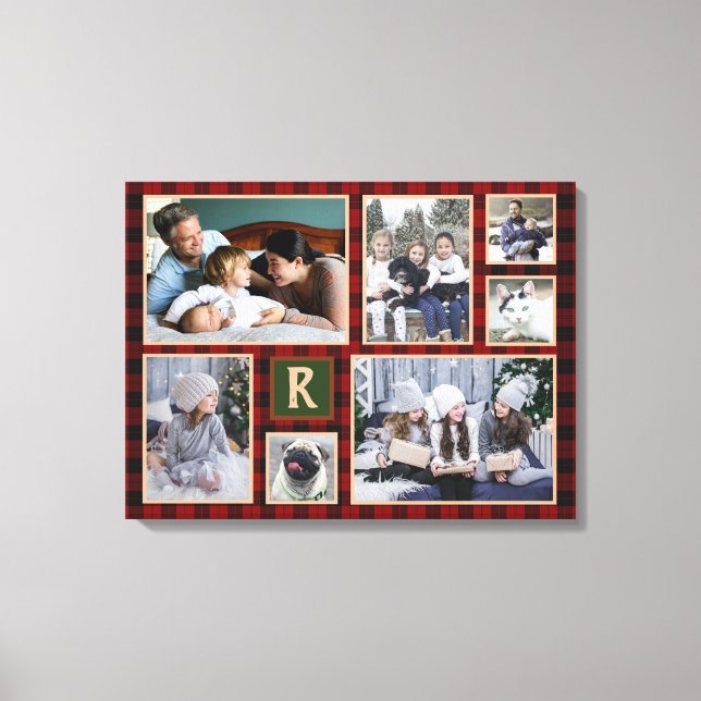 Family Photo Collage Monogrammed Red Buffalo Plaid Canvas Print (Front)