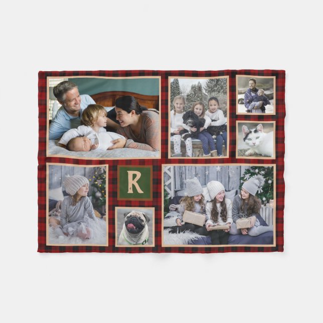 Family Photo Collage Monogrammed Red Buffalo Plaid Fleece Blanket (Front (Horizontal))