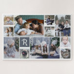 Family Photo Collage Monogrammed White 11 Pictures Jigsaw Puzzle<br><div class="desc">Celebrate your family or wedding memories with this beautiful photo collage jigsaw puzzle with a minimalist look. The design includes a white background with your monogram on a grey-blue square. Add 11 custom photographs: 2 horizontal, 2 vertical, and 7 Instagram-style square. The simple templates make it easy to personalize. "Customize...</div>