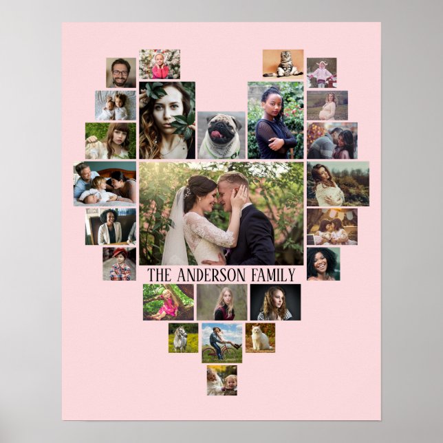 Family Photo Collage Name In Heart 25 Pics Pink Poster (Front)