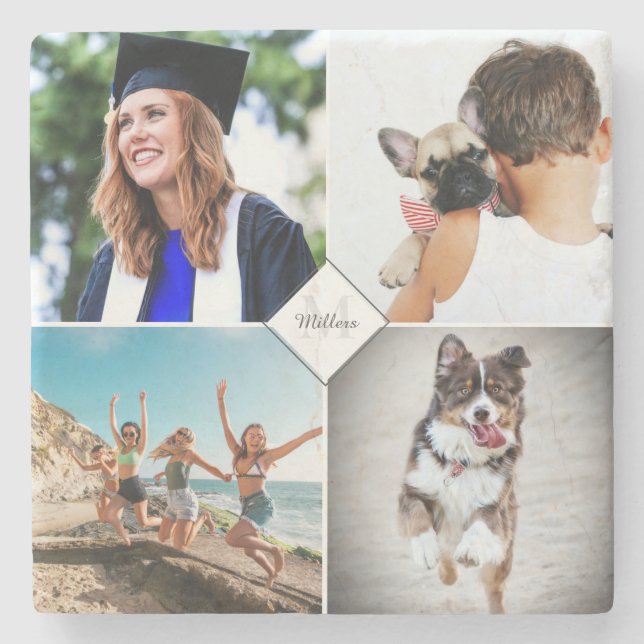 Family Photo Collage Name Monogram Stone Coaster (Front)