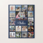 Family Photo Collage Navy Blue Modern Monogrammed Jigsaw Puzzle<br><div class="desc">Celebrate the simple joys of family with a unique and fun photo collage puzzle. If you prefer a background or text in colours other than blue, white and grey, see instructions below. (IMAGE PLACEMENT TIP: An easy way to centre a photo exactly how you want is to crop it before...</div>