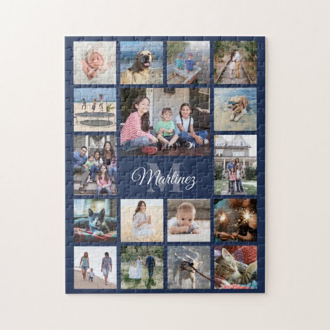 Family Photo Collage Navy Blue Modern Monogrammed Jigsaw Puzzle (Vertical)