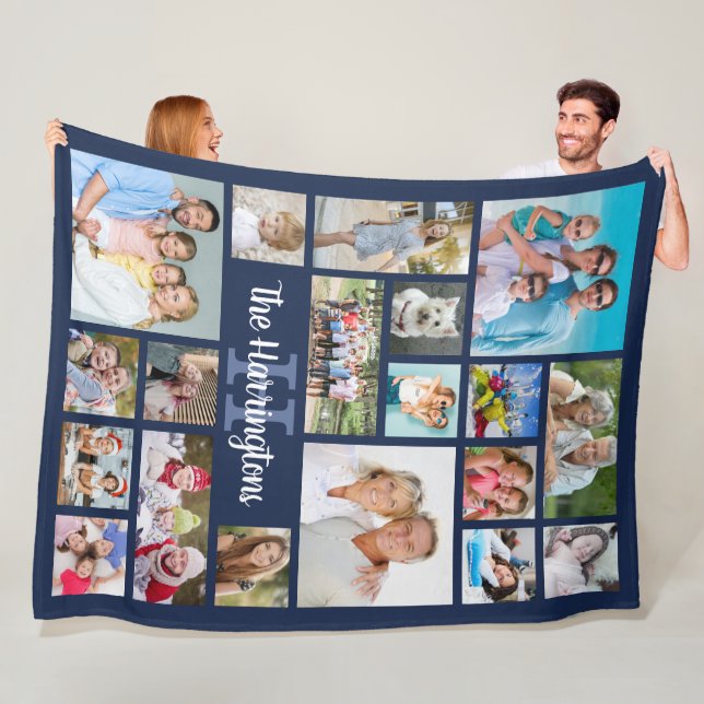 Family Photo Collage Navy Blue Monogram Name Fleece Blanket (In Situ)