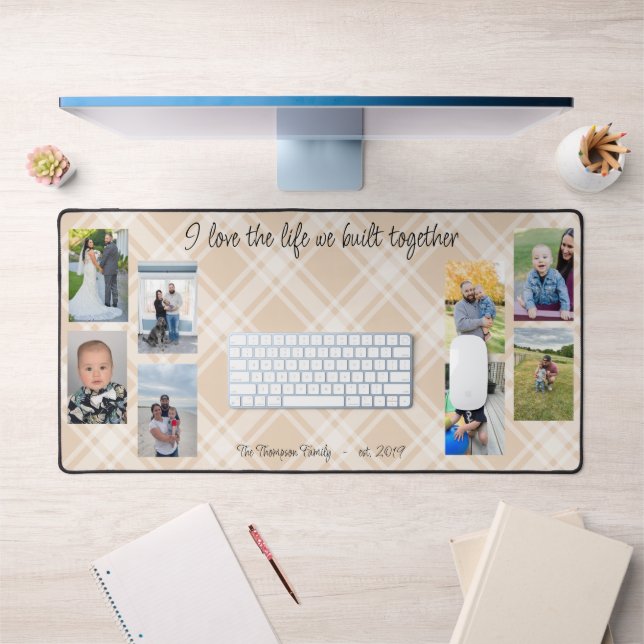 Family photo collage plaid background desk mat (Office 1)