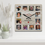 Family Photo Collage Pretty Light Wood Square Wall Clock<br><div class="desc">Fun, personalized design 12 space collage wall clock with your custom images on a lovely faux light wood plank patterned background.This great wall clock makes the perfect gift for family, friends, parents and grandparents! The clock face also features "our family" with your family name and year established with a solid...</div>