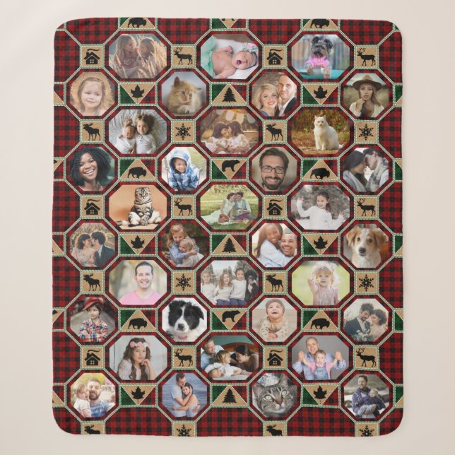 Family Photo Collage Red Black Buffalo Plaid Quilt Sherpa Blanket (Front)