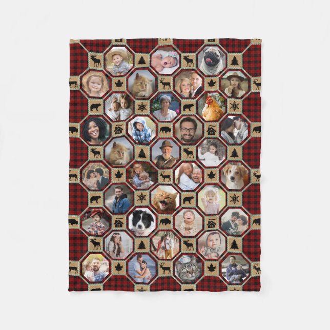 Family Photo Collage Red Buffalo Plaid Quilt Lg Sm Fleece Blanket (Front)