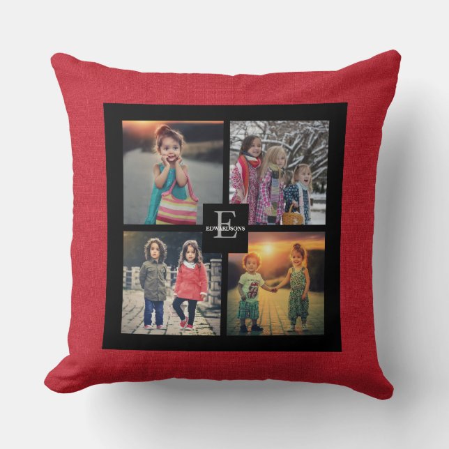 Family photo collage red burlap monogram name throw pillow (Front)