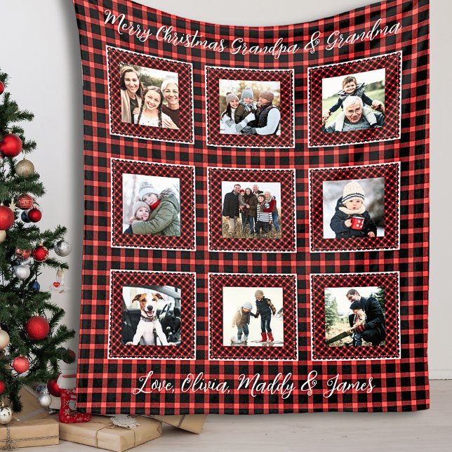 Family Photo Collage Red Plaid Christmas  Fleece Blanket (Red Buffalo Plaid Family Photo Blanket)