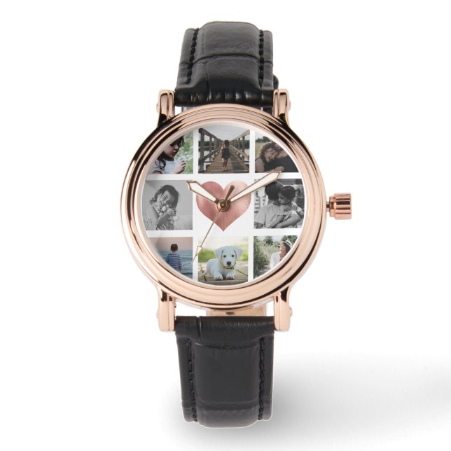 Family Photo Collage Rose Gold Heart Keepsake Chic Watch (Front)