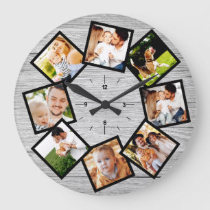 Family Photo Collage Rustic Chic Farmhouse Grey Large Clock